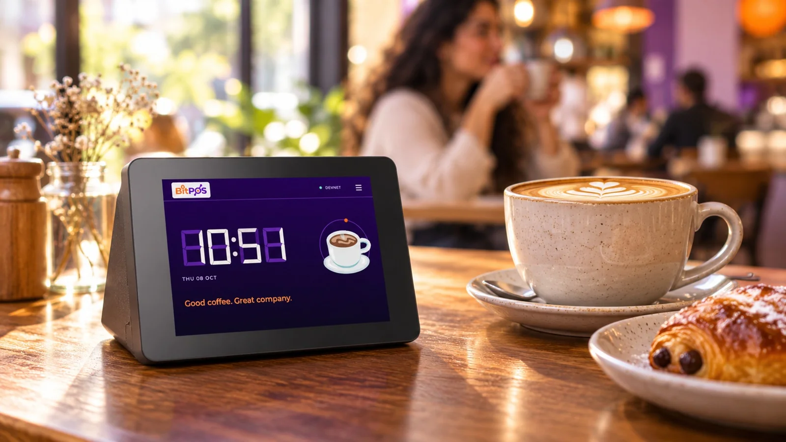 Product visualization of BitPOS Mini next to a latte in a café