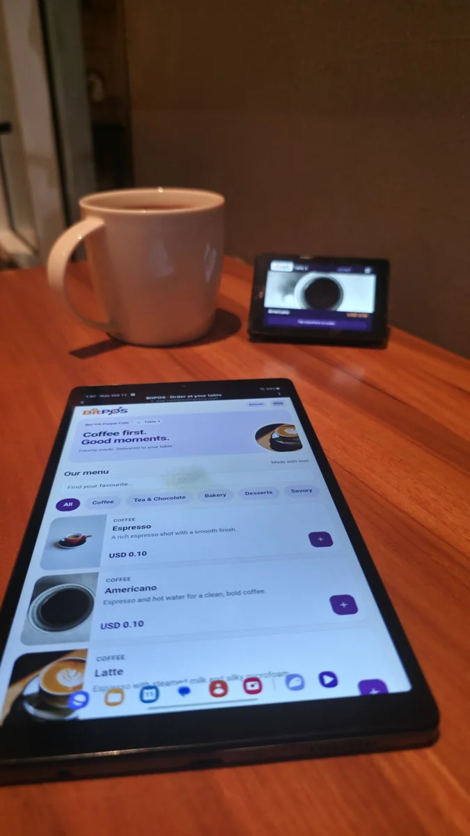 Real BitPOS Mini café trial on a customer table